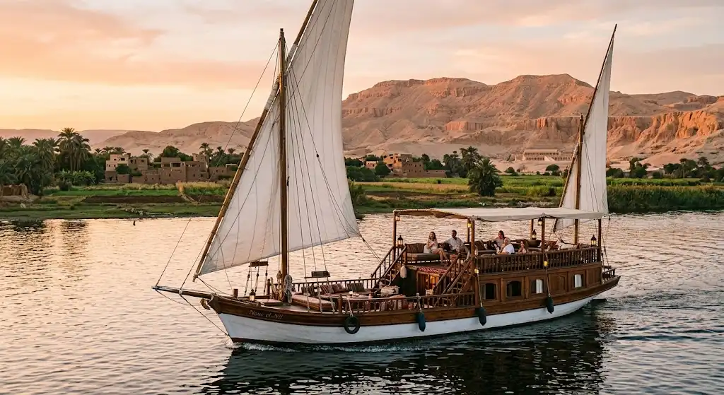Luxor Nile Cruise: Our 7-Day Private Dahabiya Journey from Luxor to Aswan Traditional dahabiya sailing boat with white sails on the Nile River near Luxor at sunset