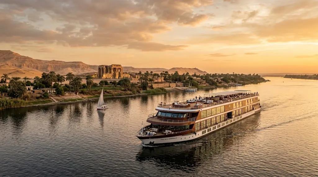 Best Egypt Cruises: The Turquoise Dahabiya Guide to Sailing the Nile Nile cruise ship sailing past ancient ruins with a felucca sailboat nearby
