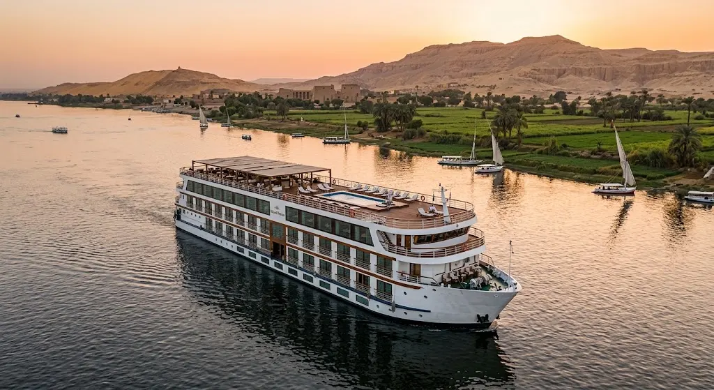 Nile cruise ship sailing past palm groves and farmland with feluccas nearby