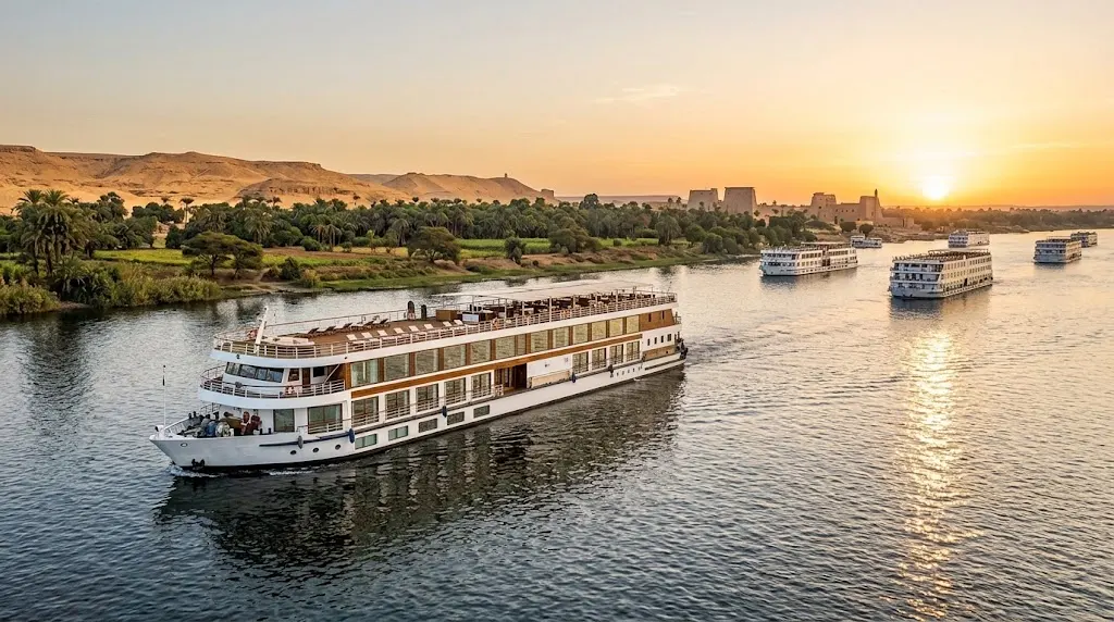 Large Nile cruise ship sailing alongside smaller vessels at sunset