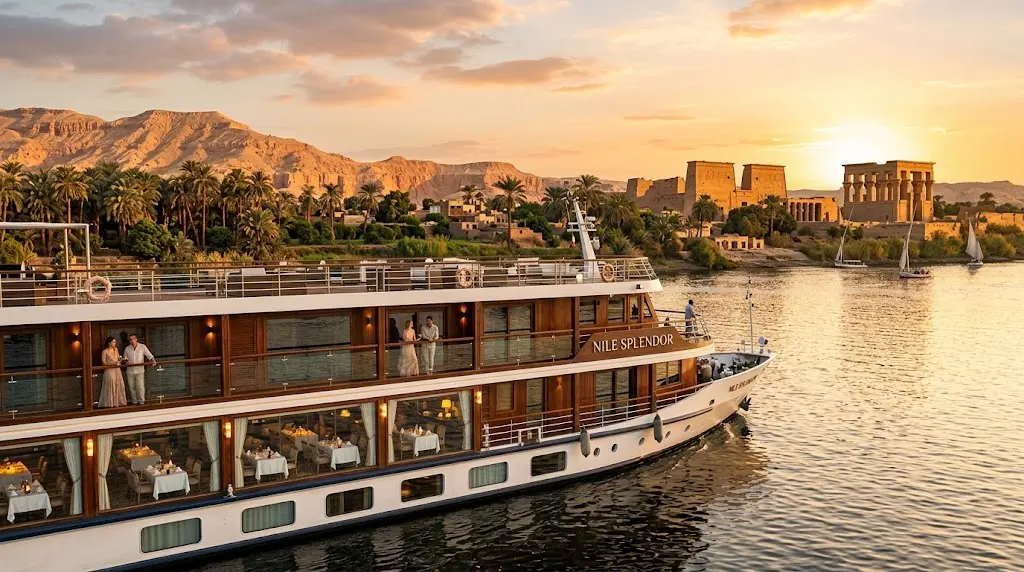 Traditional Nile cruise boat docked near a riverside temple at sunset