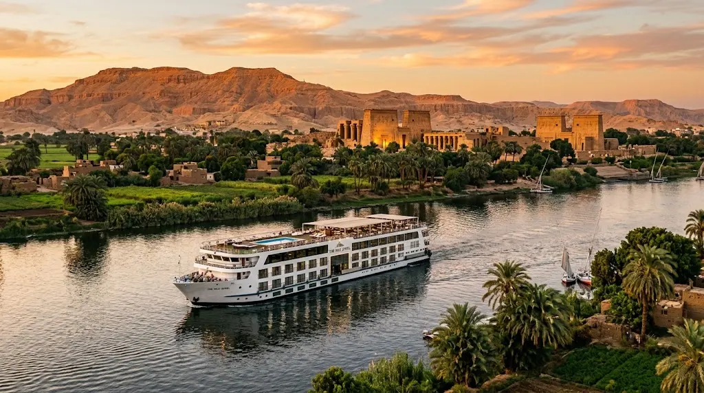 Nile cruise ship sailing past ancient temple ruins at sunset in Egypt
